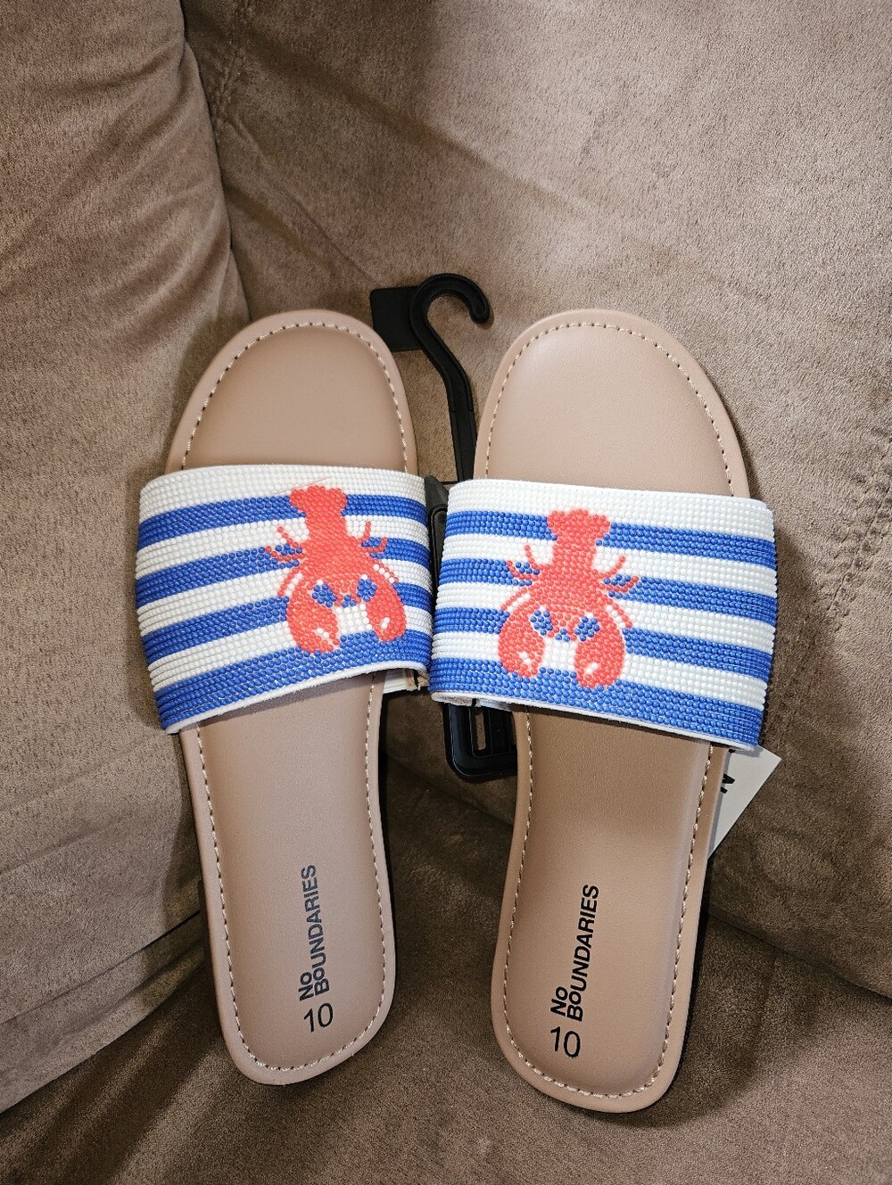 NWT No Boundaries Sz 11 Slide Sandals w/Blue-White Striped Beaded Lobster Strap
